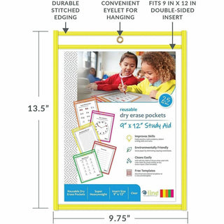 Reusable Dry Erase Pockets, 9 x 12, Assorted Neon Colors, 25/Box