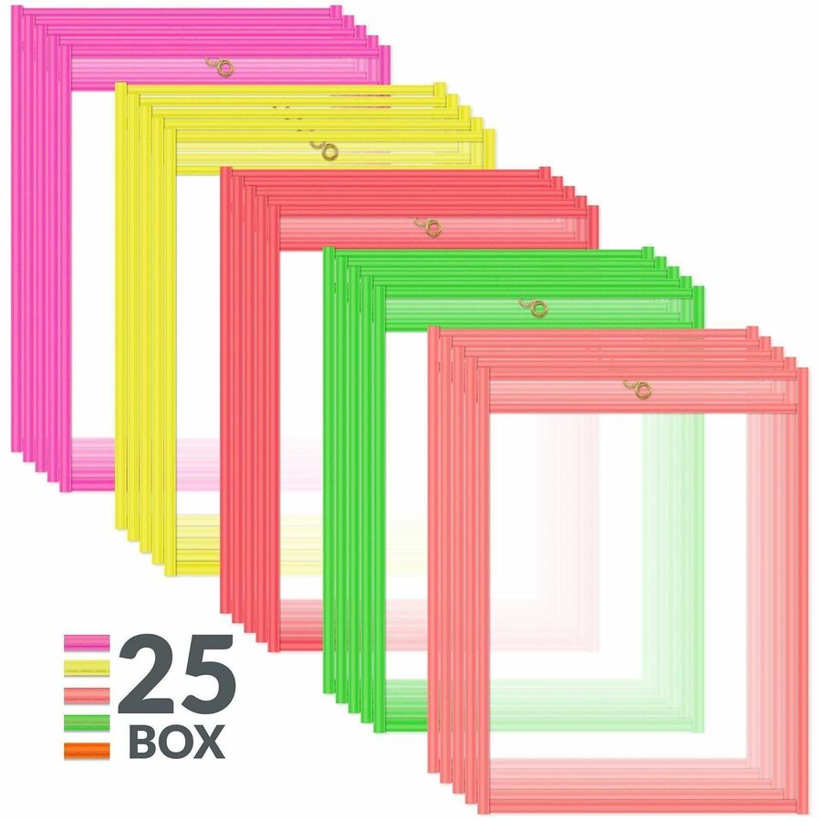 Reusable Dry Erase Pockets, 9 x 12, Assorted Neon Colors, 25/Box
