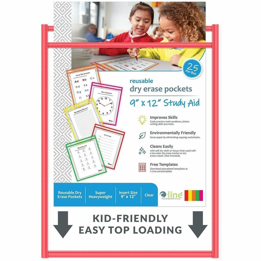 Reusable Dry Erase Pockets, 9 x 12, Assorted Neon Colors, 25/Box