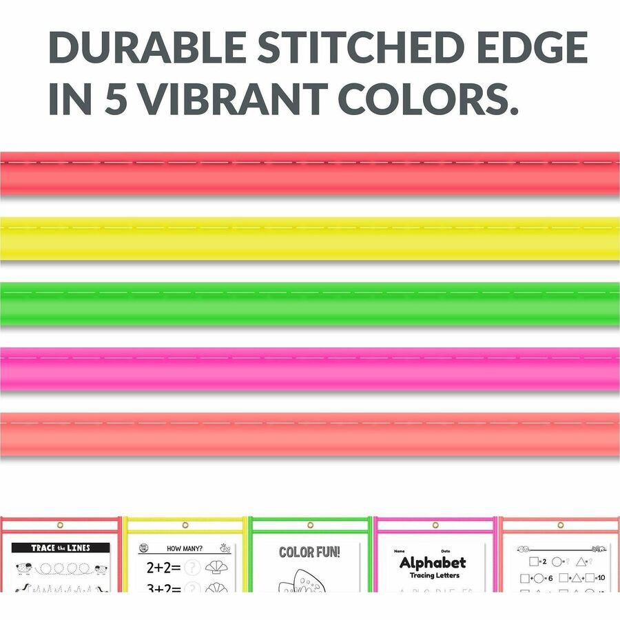 Reusable Dry Erase Pockets, 9 x 12, Assorted Neon Colors, 25/Box