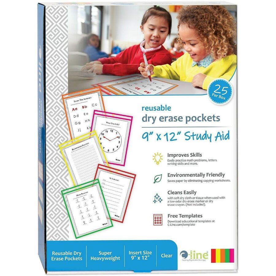 Reusable Dry Erase Pockets, 9 x 12, Assorted Neon Colors, 25/Box