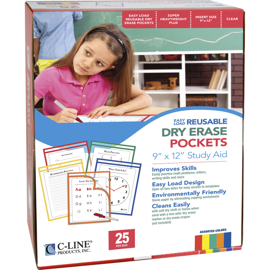 Reusable Dry Erase Pockets, Easy Load, 9 x 12, Assorted Primary Colors, 25/Pack