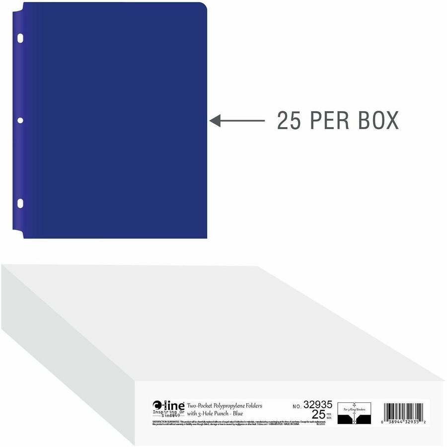 Two-Pocket Heavyweight Poly Portfolio Folder, 3-Hole Punch, 11 x 8.5, Blue, 25/Box