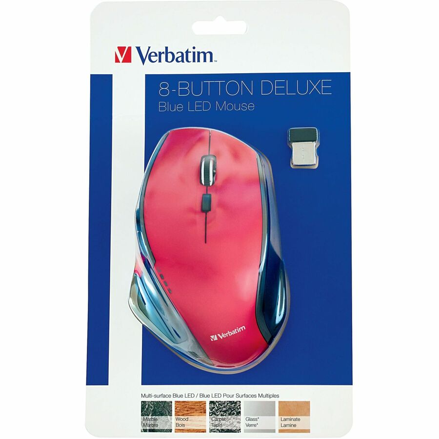 Verbatim Wireless Desktop 8-Button Deluxe Mouse - Blue LED/Optical - Wireless - Radio Frequency - Red - 1 Pack - USB 1.1 - 1600 dpi - Scroll Wheel - 8 Button(s) - 