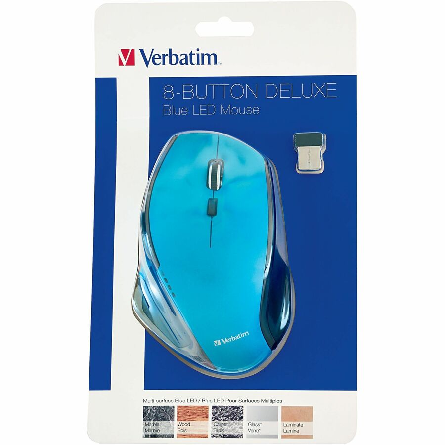 Verbatim Wireless Desktop 8-Button Deluxe Mouse - Blue LED/Optical - Wireless - Radio Frequency - Blue - 1 Pack - USB - 1600 dpi - Scroll Wheel - 8 Button(s) - 