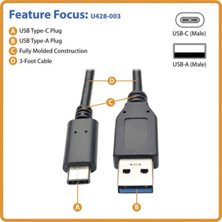 Tripp Lite by Eaton USB-C to USB-A Cable (M/M) USB 3.2 Gen 1 (5 Gbps) Thunderbolt 3 Compatible 3 ft. (0.91 m) - USB for Smartphone, Tablet, Computer - 640 MBps - 3 ft - 1 x Type C Male USB - 1 x Type A Male USB - Nickel Plated, Gold-plated Contacts -
