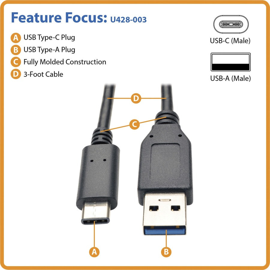 Tripp Lite by Eaton USB-C to USB-A Cable (M/M) USB 3.2 Gen 1 (5 Gbps) Thunderbolt 3 Compatible 3 ft. (0.91 m) - USB for Smartphone, Tablet, Computer - 640 MBps - 3 ft - 1 x Type C Male USB - 1 x Type A Male USB - Nickel Plated, Gold-plated Contacts -