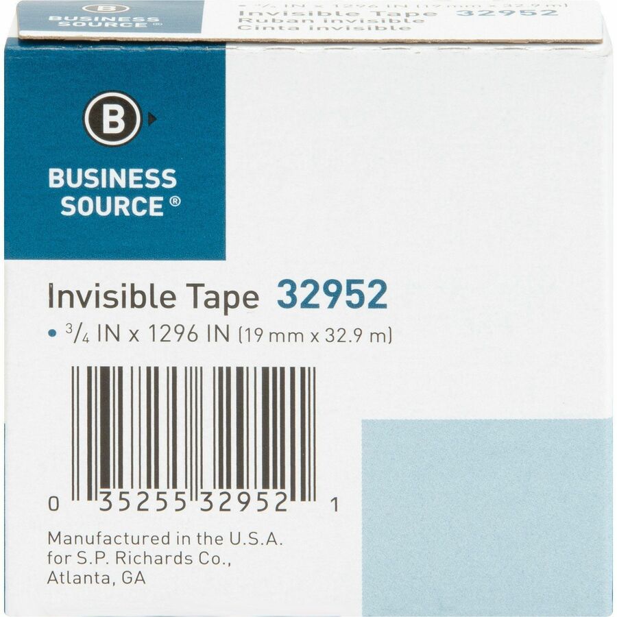 Business Source Invisible Tape Dispenser Refill Roll - 36 yd Length x 0.75" Width - 1" Core - For Mending, Splicing, Holding - 12 / Box - Clear