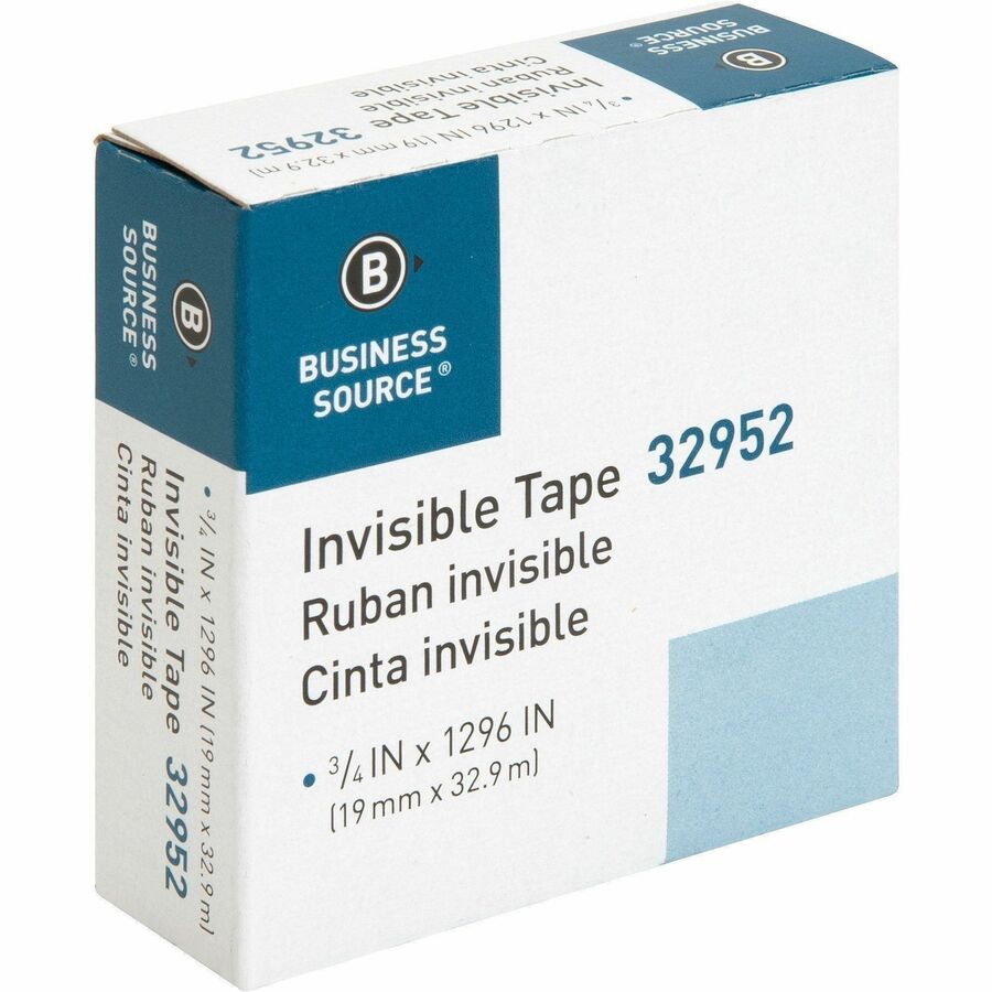 Business Source Invisible Tape Dispenser Refill Roll - 36 yd Length x 0.75" Width - 1" Core - For Mending, Splicing, Holding - 12 / Box - Clear