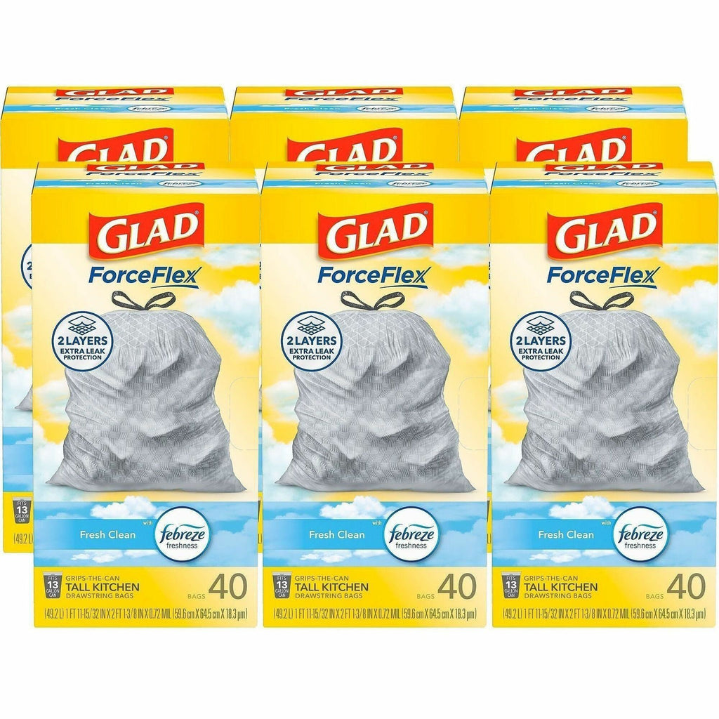 Glad ForceFlex Tall Kitchen Drawstring Trash Bags - Fresh Clean with Febreze Freshness - 13 gal Capacity - 24" Width x 27.38" Length - 1.05 mil (27 Micron) Thickness - Drawstring Closure - White - 6/Carton - 40 Per Box - Kitchen