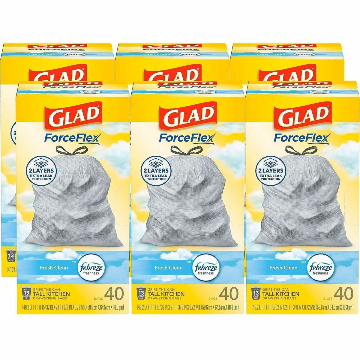 Glad ForceFlex Tall Kitchen Drawstring Trash Bags - Fresh Clean with Febreze Freshness - 13 gal Capacity - 24" Width x 27.38" Length - 1.05 mil (27 Micron) Thickness - Drawstring Closure - White - 6/Carton - 40 Per Box - Kitchen