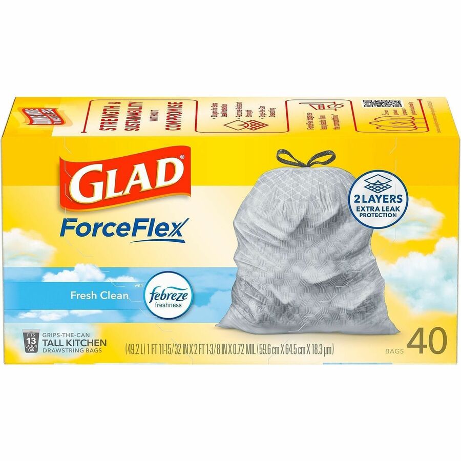 Glad ForceFlex Tall Kitchen Drawstring Trash Bags - Fresh Clean with Febreze Freshness - 13 gal Capacity - 24" Width x 27.38" Length - 1.05 mil (27 Micron) Thickness - Drawstring Closure - White - 6/Carton - 40 Per Box - Kitchen