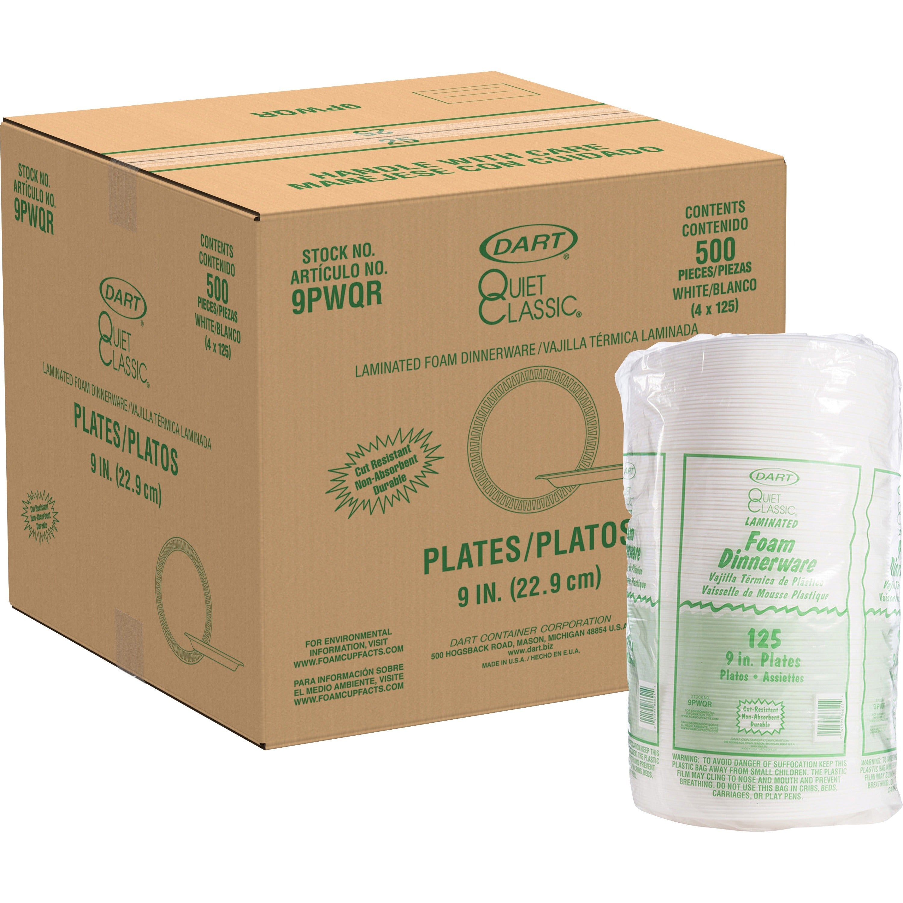 Dart Quiet Classic 9" Laminated Foam Plates - 125 / Pack - White - Foam Body - 4 / Carton