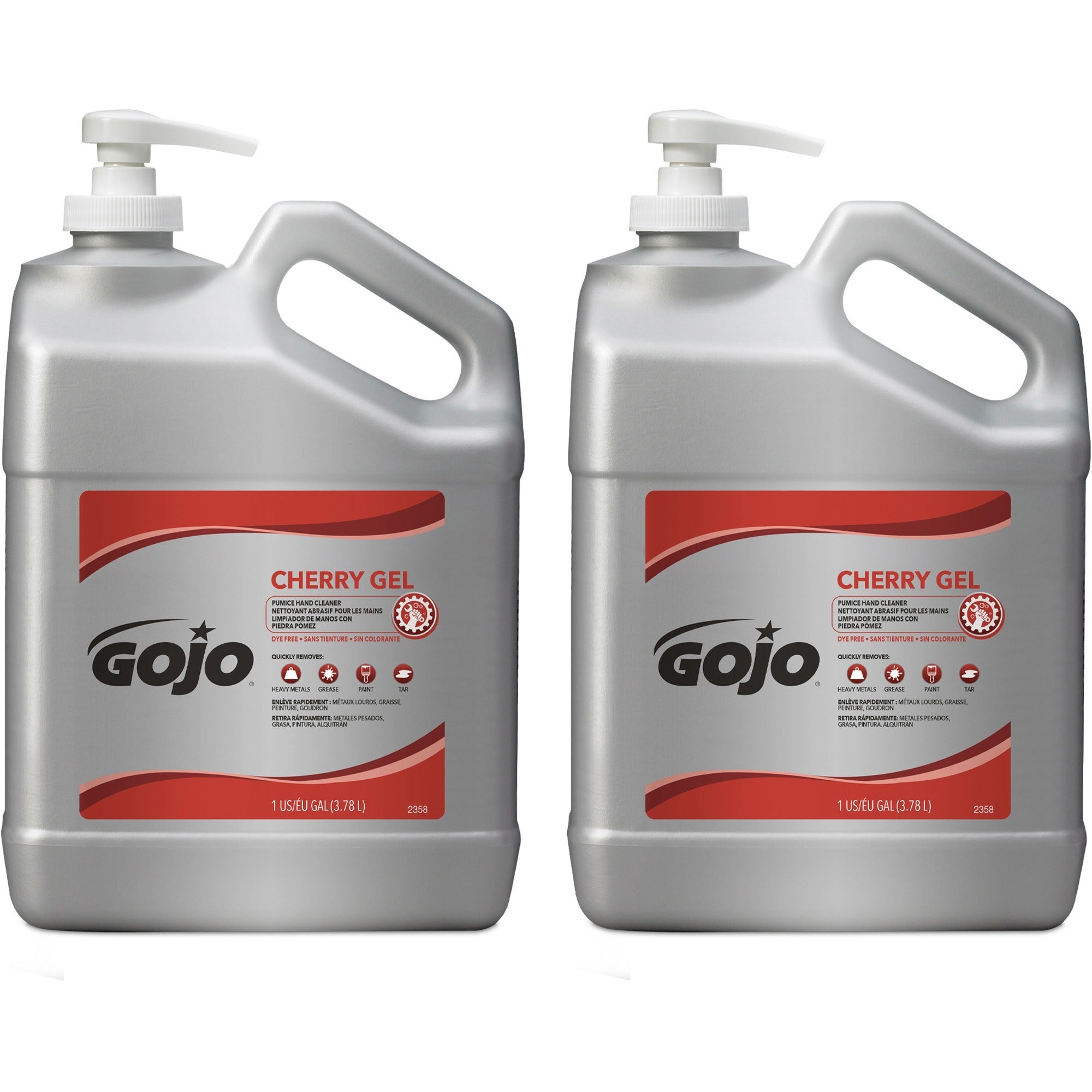 Gojo Cherry Gel Pumice Hand Cleaner - Cherry ScentFor - 1 gal (3.8 L) - Pump Bottle Dispenser - Dirt Remover, Oil Remover, Grease Remover, Paint Remover, Tar Remover - Hand, Skin - Heavy Duty, pH Balanced, Pleasant Scent - 2 / Carton