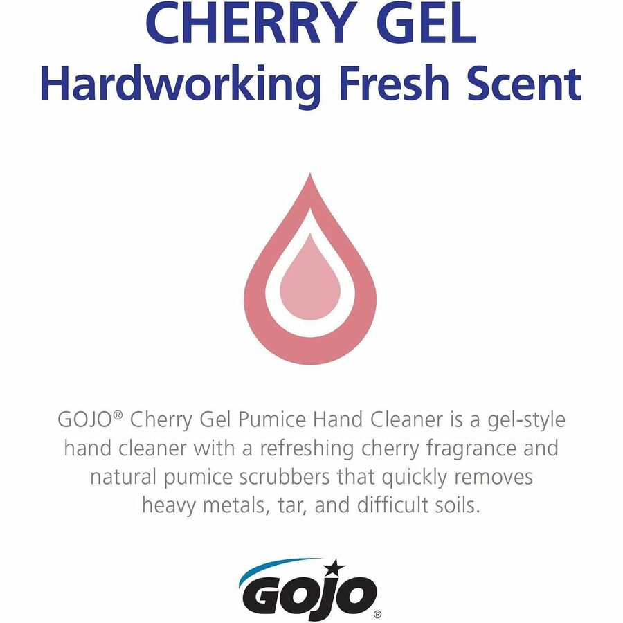 Gojo Cherry Gel Pumice Hand Cleaner - Cherry ScentFor - 1 gal (3.8 L) - Pump Bottle Dispenser - Dirt Remover, Oil Remover, Grease Remover, Paint Remover, Tar Remover - Hand, Skin - Heavy Duty, pH Balanced, Pleasant Scent - 2 / Carton