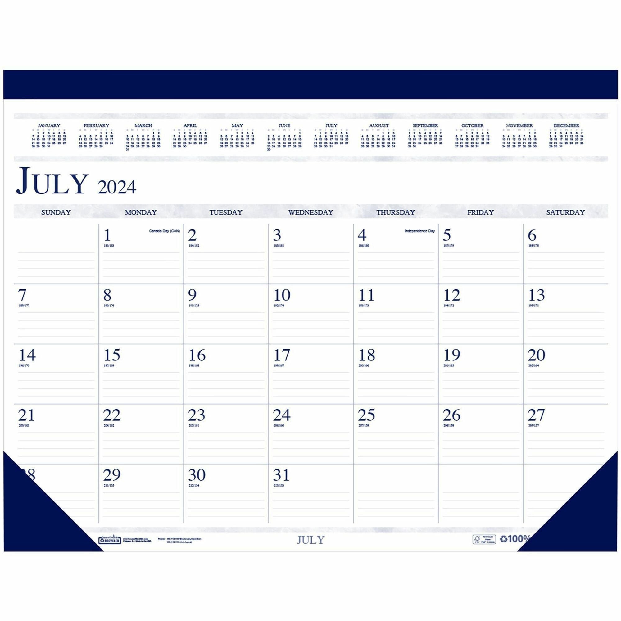 House of Doolittle Academic Desk Pad Calendar - Academic - Julian Dates - Monthly - 14 Month - July 2023 - August 2024 - 1 Month Single Page Layout - 2.13" x 3" Block - Desk Pad - Blue - Simulated Leather, Vinyl - Perforated, Reference Calendar - 1 E - 