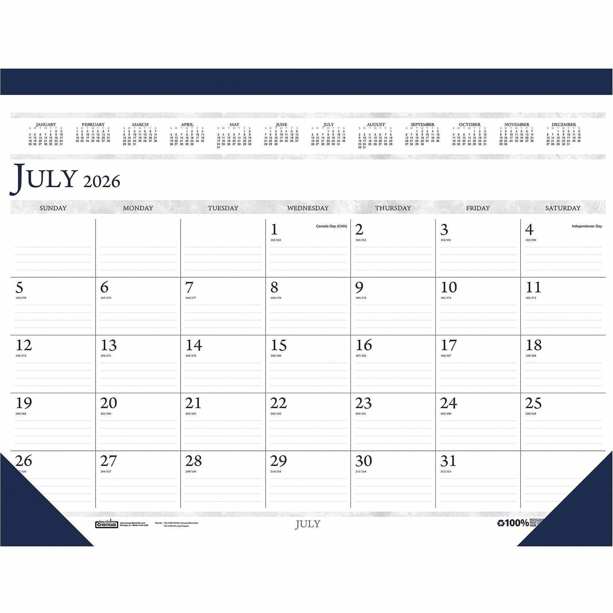 House of Doolittle Academic Desk Pad Calendar - Academic - Julian Dates - Monthly - 14 Month - July 2023 - August 2024 - 1 Month Single Page Layout - 2.13" x 3" Block - Desk Pad - Blue - Simulated Leather, Vinyl - Perforated, Reference Calendar - 1 E