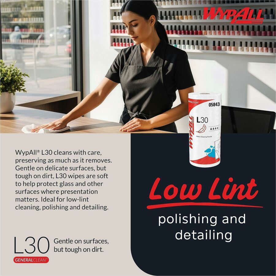 Wypall GeneralClean L30 Heavy Cleaning Towels - 11" x 10.40" - 70 Sheets/Roll - White - Perforated, Heavy Duty, Wet Strength, Soft, Reinforced, Absorbent, Solvent Resistant - For Face, Hand, General Purpose, Janitorial - 24 / Carton