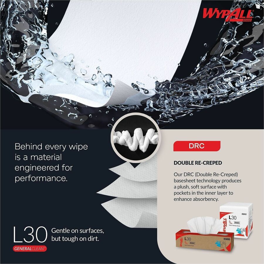 Wypall GeneralClean L30 Heavy Cleaning Towels - 11" x 10.40" - 70 Sheets/Roll - White - Perforated, Heavy Duty, Wet Strength, Soft, Reinforced, Absorbent, Solvent Resistant - For Face, Hand, General Purpose, Janitorial - 24 / Carton