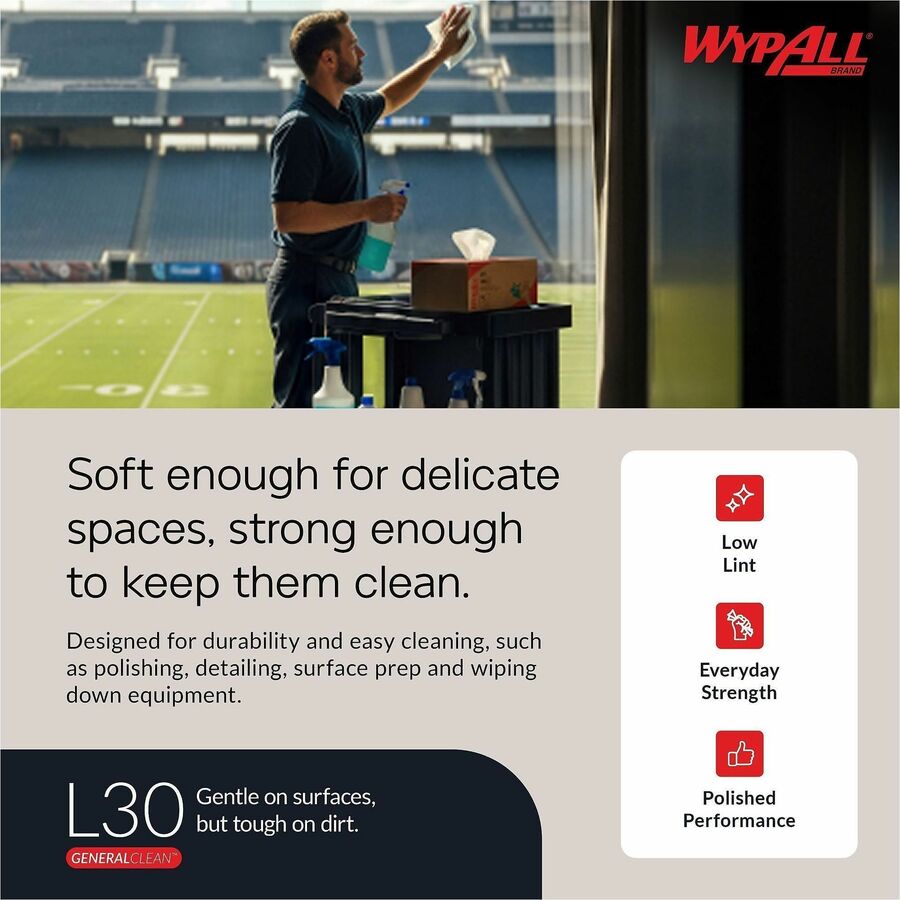 Wypall GeneralClean L30 Heavy Cleaning Towels - 11" x 10.40" - 70 Sheets/Roll - White - Perforated, Heavy Duty, Wet Strength, Soft, Reinforced, Absorbent, Solvent Resistant - For Face, Hand, General Purpose, Janitorial - 24 / Carton