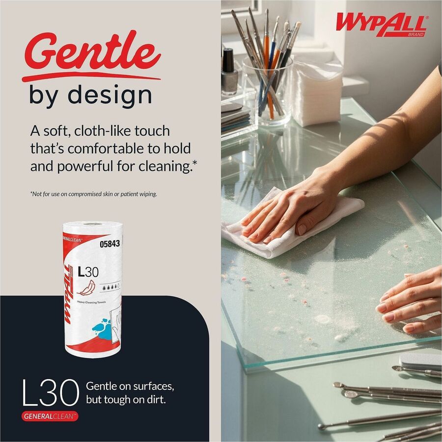 Wypall GeneralClean L30 Heavy Cleaning Towels - 11" x 10.40" - 70 Sheets/Roll - White - Perforated, Heavy Duty, Wet Strength, Soft, Reinforced, Absorbent, Solvent Resistant - For Face, Hand, General Purpose, Janitorial - 24 / Carton