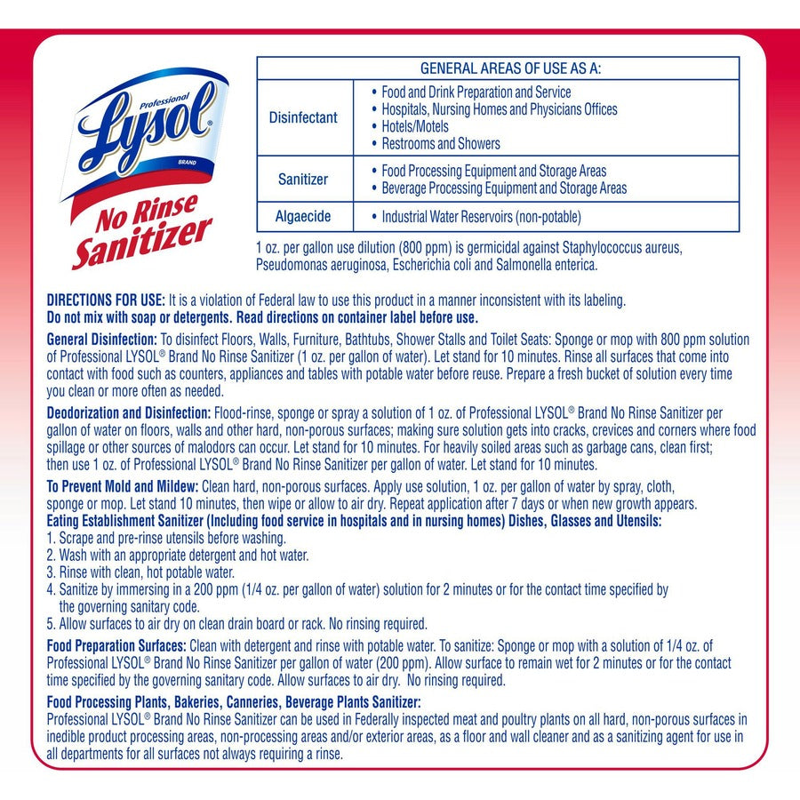 Professional Lysol No Rinse Sanitizer - For Sink, Floor, Wall, Bathtub, Food Service Area - Concentrate - 128 fl oz (4 quart) - 4 / Carton - Disinfectant, Anti-bacterial