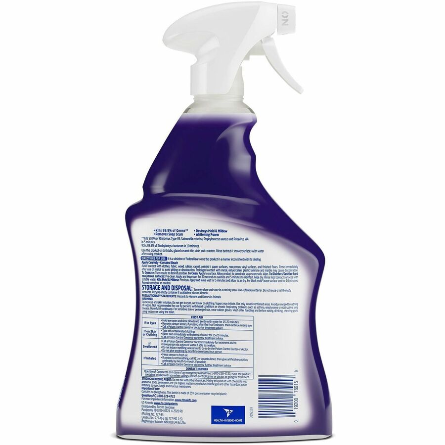 Lysol Mold/Mildew Remover - For Tile, Ceramic, Tub, Hard Surface, Nonporous Surface, Vinyl Curtains, Grout - 32 fl oz (1 quart) - 12 / Carton - Disinfectant, Non-abrasive - White