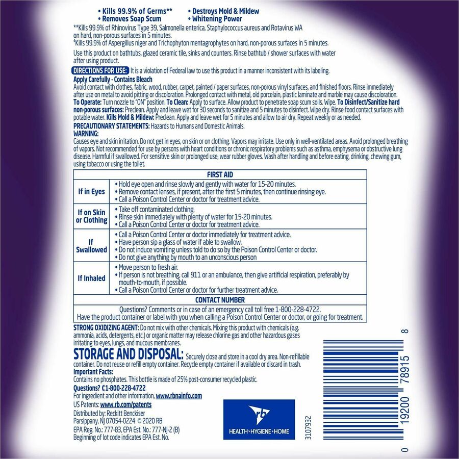 Lysol Mold/Mildew Remover - For Tile, Ceramic, Tub, Hard Surface, Nonporous Surface, Vinyl Curtains, Grout - 32 fl oz (1 quart) - 12 / Carton - Disinfectant, Non-abrasive - White