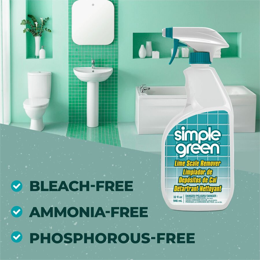 Simple Green Lime Scale Remover Spray - For Multi Surface - 32 fl oz (1 quart) - Wintergreen Scent - 12 / Carton - Deodorize, Non-abrasive, Non-flammable, Phosphate-free, Bleach-free, Ammonia-free, Phosphorous-free, Fume-free - White - 6