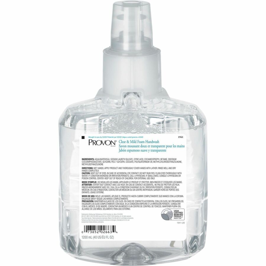 Provon LTX-12 Refill Clear & Mild Foam Handwash - 40.6 fl oz (1200 mL) - Pump Bottle Dispenser - Kill Germs - Skin, Hand - Moisturizing - Clear - Rich Lather, Fragrance-free, Dye-free - 2 / Carton