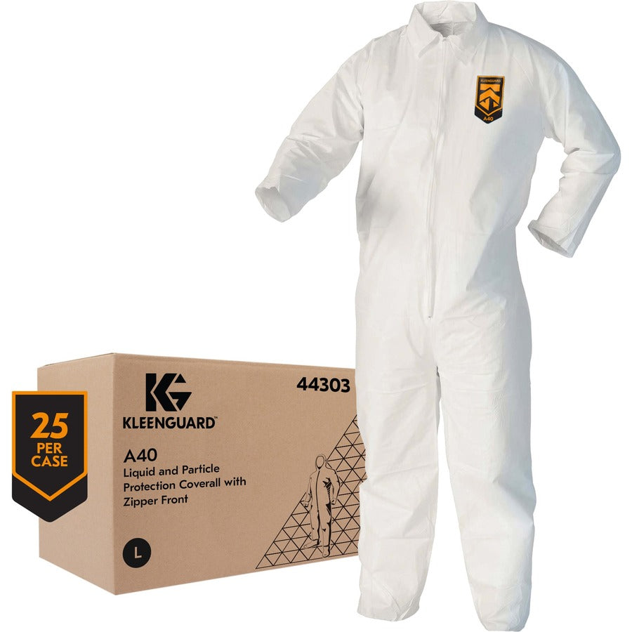 Kleenguard A40 Coveralls - Zipper Front - Large Size - Liquid, Flying Particle Protection - White - Comfortable, Zipper Front, Breathable - 25 / Carton - 