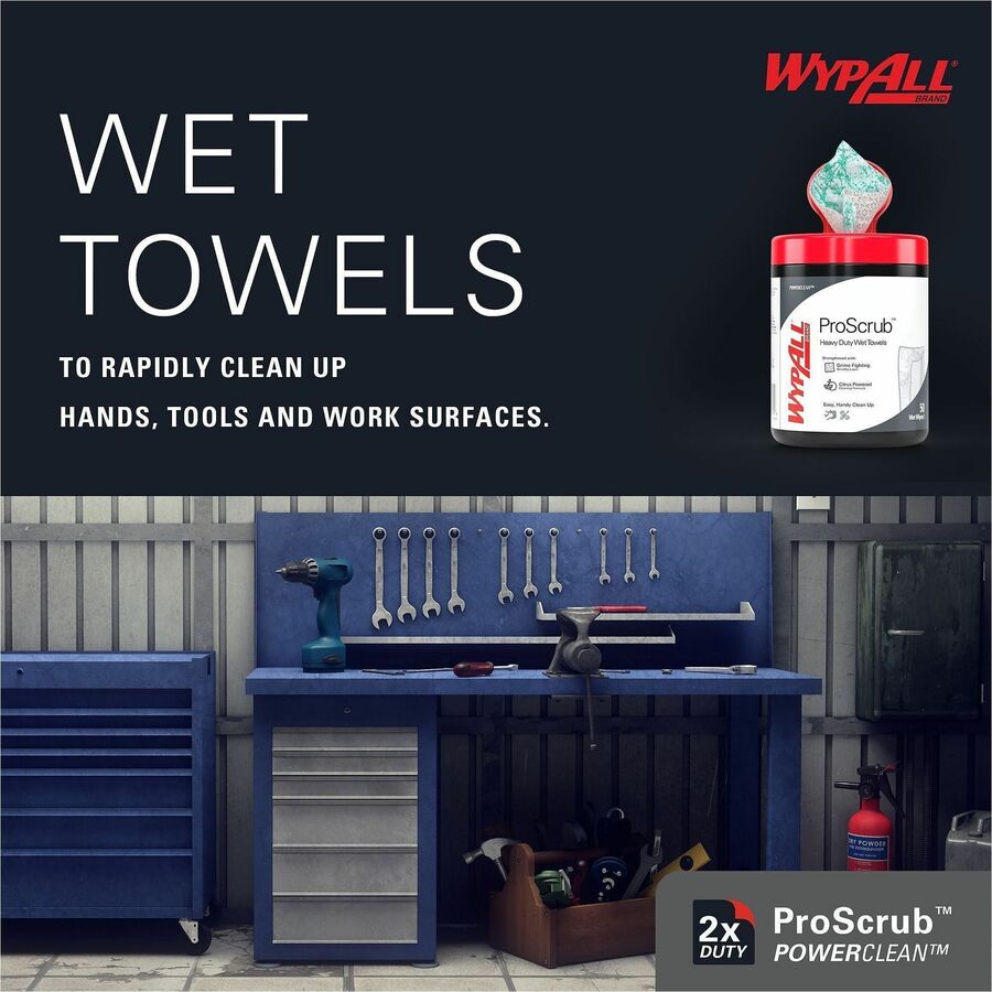 Wypall PowerClean ProScrub Heavy Duty Wet Towels - Citrus - 9.50" x 12" - Green - Pre-moistened, Alcohol-free - For Multipurpose - 50 Per Canister - 8 / Carton