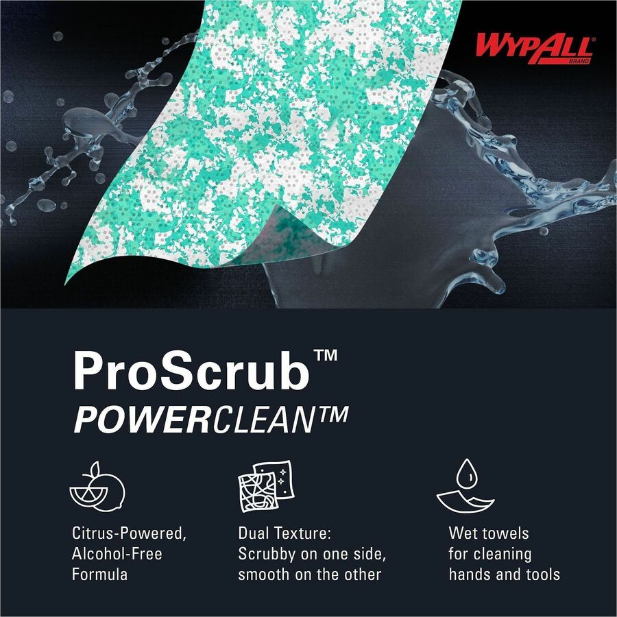 Wypall PowerClean ProScrub Heavy Duty Wet Towels - Citrus - 9.50" x 12" - Green - Pre-moistened, Alcohol-free - For Multipurpose - 50 Per Canister - 8 / Carton
