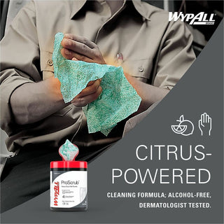 Wypall PowerClean ProScrub Heavy Duty Wet Towels - Citrus - 9.50" x 12" - Green - Pre-moistened, Alcohol-free - For Multipurpose - 50 Per Canister - 8 / Carton
