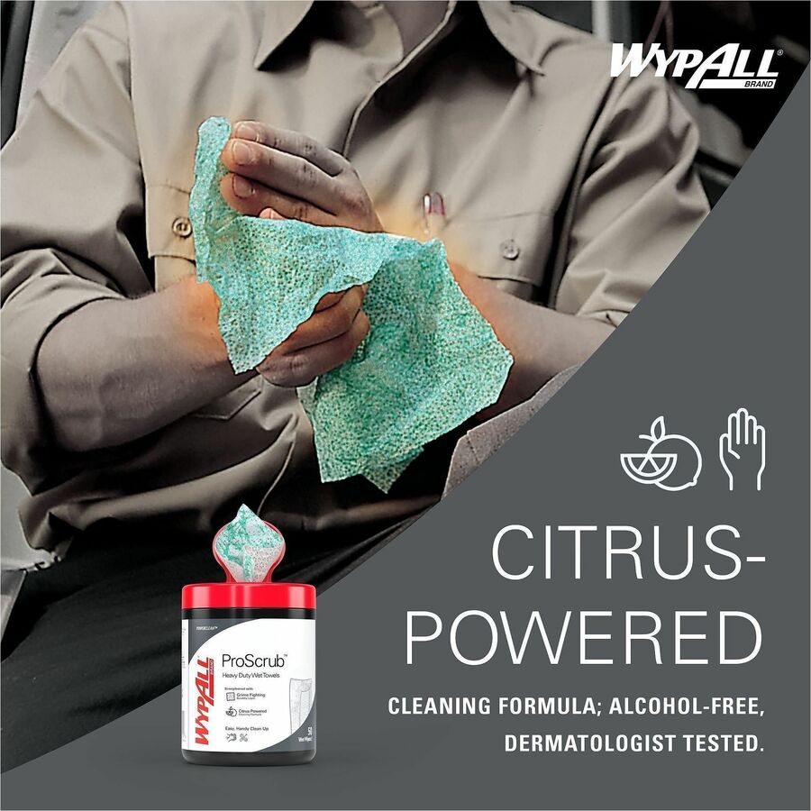 Wypall PowerClean ProScrub Heavy Duty Wet Towels - Citrus - 9.50" x 12" - Green - Pre-moistened, Alcohol-free - For Multipurpose - 50 Per Canister - 8 / Carton