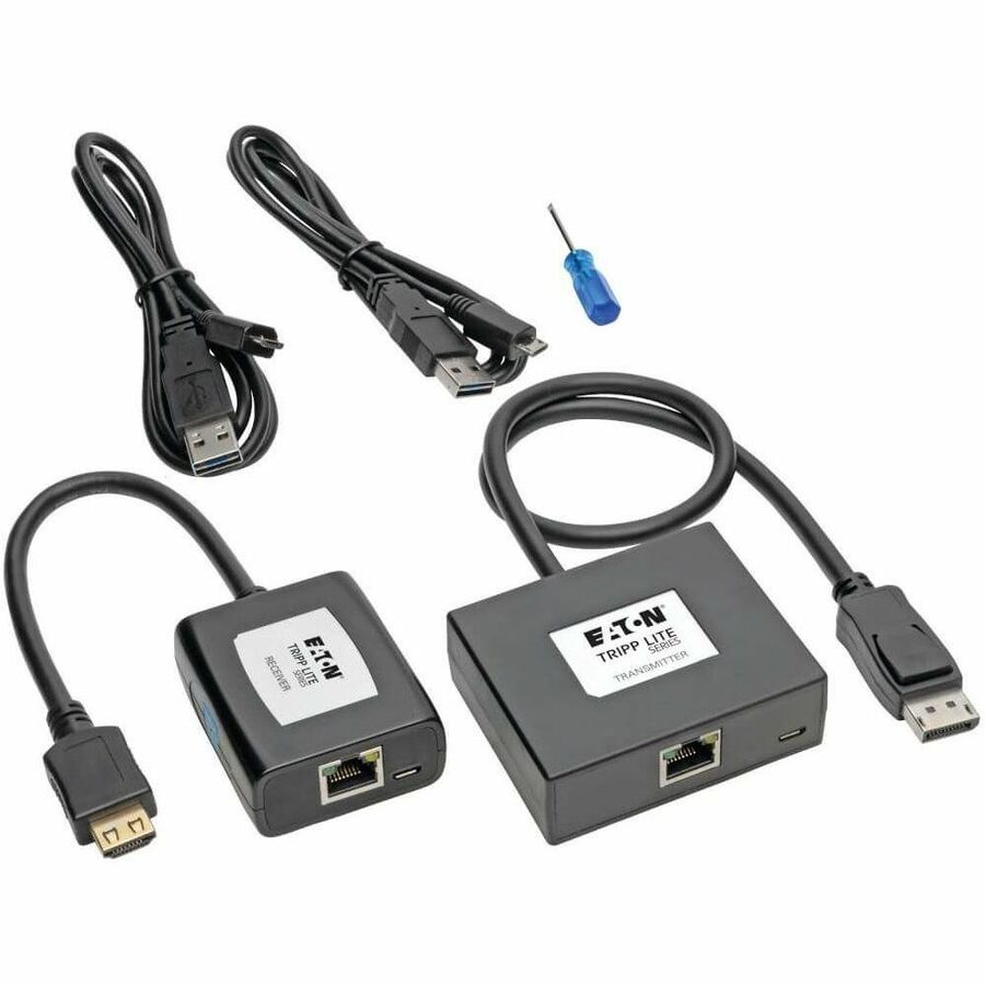 Tripp Lite by Eaton DisplayPort to HDMI over Cat5/6 Active Extender Kit Pigtail Transmitter/Receiver for Video/Audio 150 ft. (45 m) TAA - 1 Input Device - 1 Output Device - 150 ft Range - 2 x Network (RJ-45) - 2 x USB - 1 x HDMI Out - DisplayPort - F