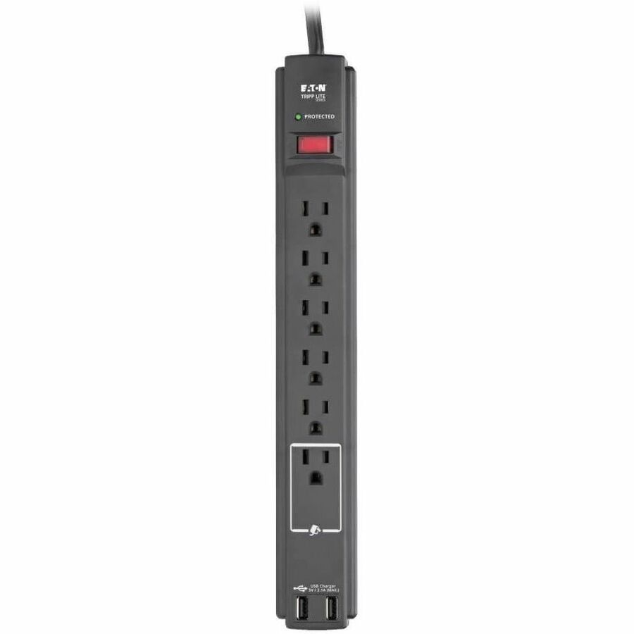 Protect It! Surge Protector, 6 AC Outlets/2 USB Ports, 6 ft Cord, 990 J, Black