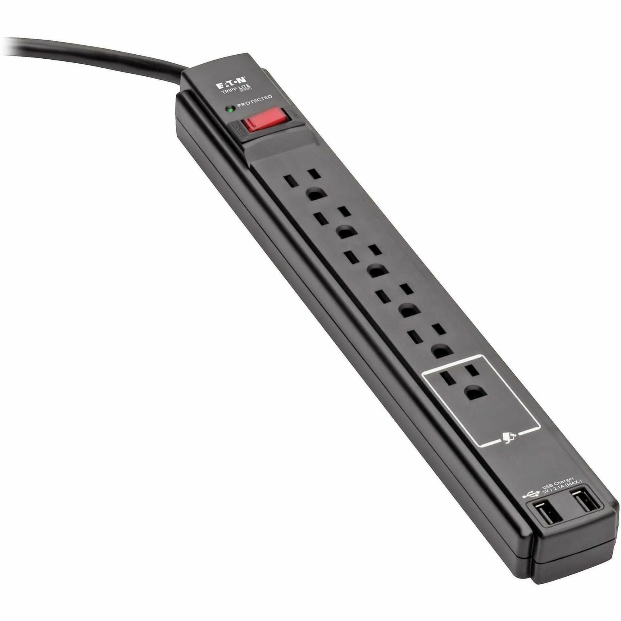 Protect It! Surge Protector, 6 AC Outlets/2 USB Ports, 6 ft Cord, 990 J, Black