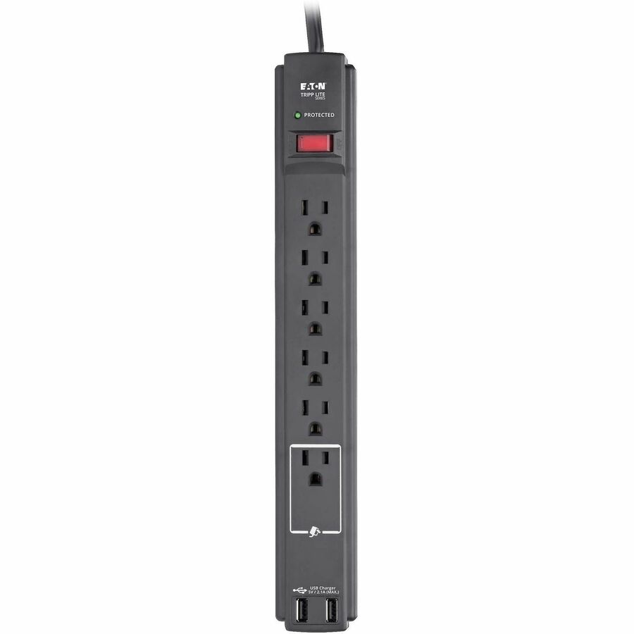 Protect It! Surge Protector, 6 AC Outlets/2 USB Ports, 6 ft Cord, 990 J, Black
