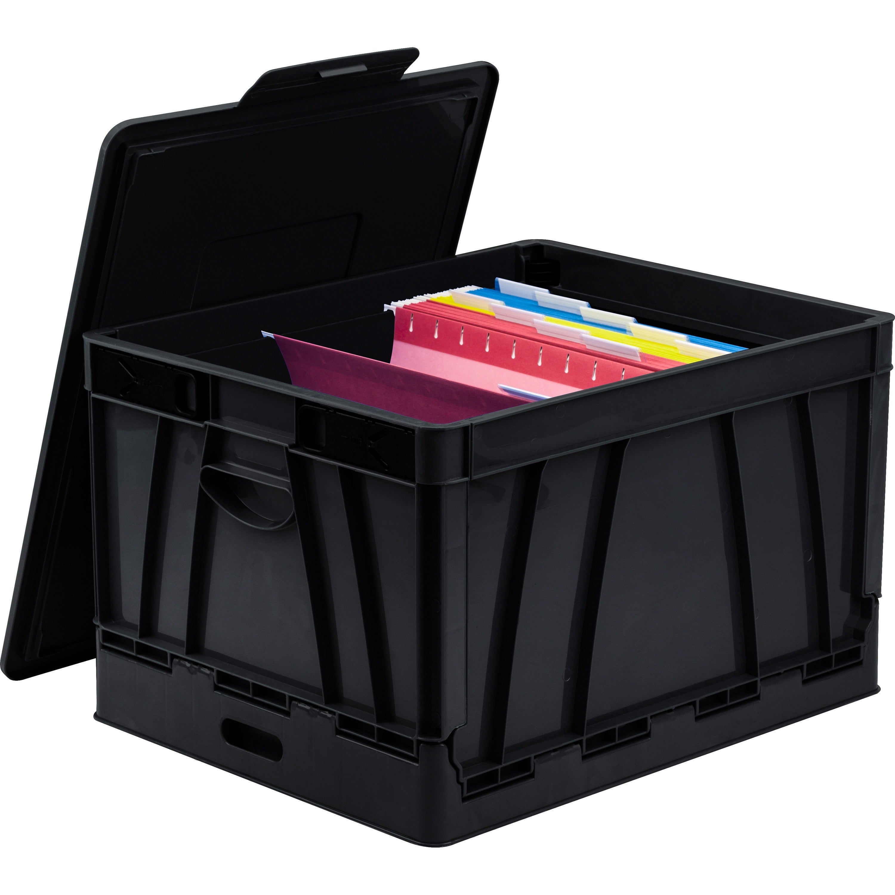 Storex Collapsible Storage Crate - External Dimensions: 14.3" Width x 17.3" Depth x 10.5"Height - 45 lb - 9.25 gal - Media Size Supported: Letter, Legal - Lid Lock Closure - Heavy Duty - Stackable - Plastic - Black - For File Folder, Letter, Document