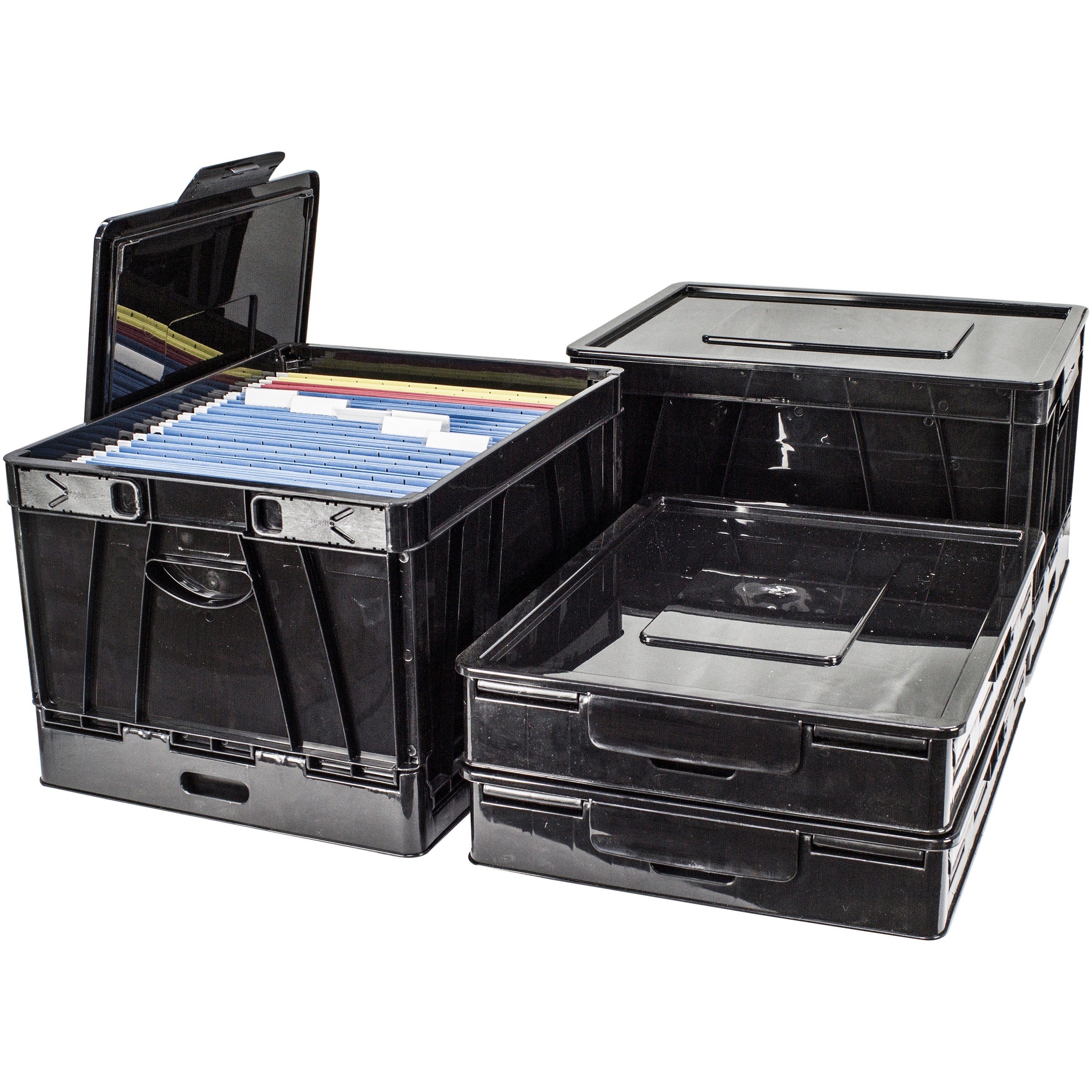Storex Collapsible Storage Crate - External Dimensions: 14.3" Width x 17.3" Depth x 10.5"Height - 45 lb - 9.25 gal - Media Size Supported: Letter, Legal - Lid Lock Closure - Heavy Duty - Stackable - Plastic - Black - For File Folder, Letter, Document - 