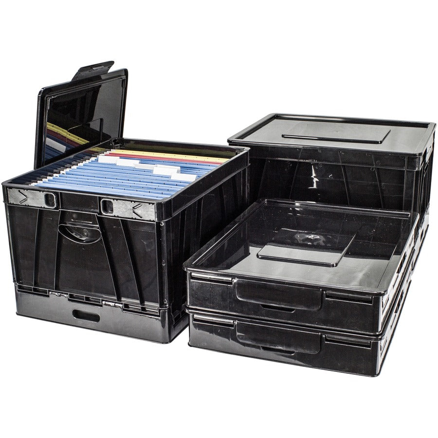 Storex Collapsible Storage Crate - External Dimensions: 14.3" Width x 17.3" Depth x 10.5"Height - 45 lb - 9.25 gal - Media Size Supported: Letter, Legal - Lid Lock Closure - Heavy Duty - Stackable - Plastic - Black - For File Folder, Letter, Document