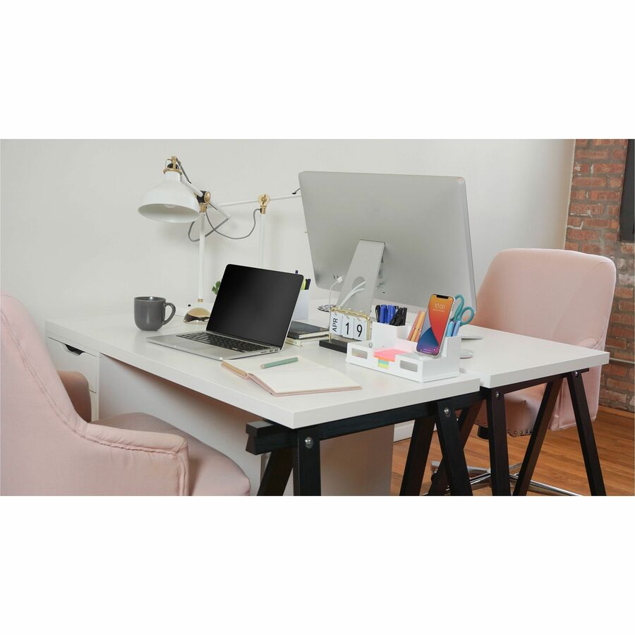 Victor W9525 Pure White Desk Organizer with Smart Phone Holder - 6 Compartment(s) - 4.0" Height x 5.5" Width x 10.4" Depth - White - Wood, Frosted Glass, Rubber - 1Each