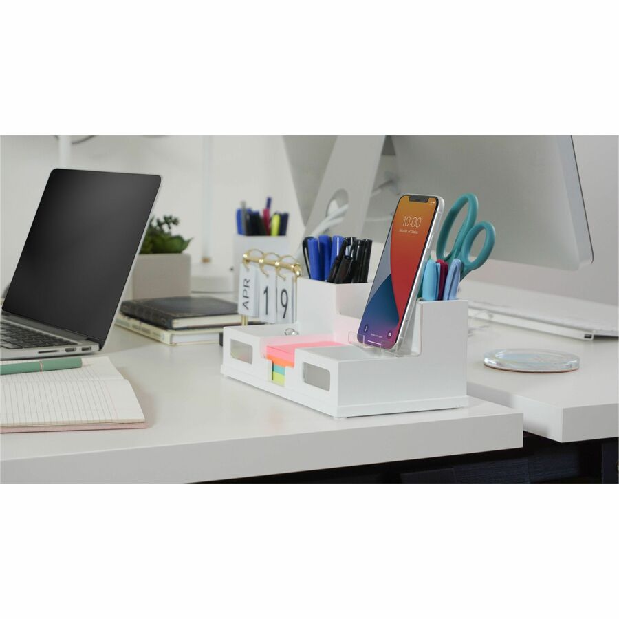 Victor W9525 Pure White Desk Organizer with Smart Phone Holder - 6 Compartment(s) - 4.0" Height x 5.5" Width x 10.4" Depth - White - Wood, Frosted Glass, Rubber - 1Each