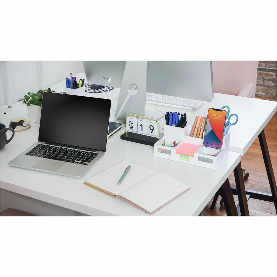 Victor W9525 Pure White Desk Organizer with Smart Phone Holder - 6 Compartment(s) - 4.0" Height x 5.5" Width x 10.4" Depth - White - Wood, Frosted Glass, Rubber - 1Each