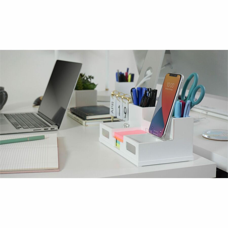 Victor W9525 Pure White Desk Organizer with Smart Phone Holder - 6 Compartment(s) - 4.0" Height x 5.5" Width x 10.4" Depth - White - Wood, Frosted Glass, Rubber - 1Each