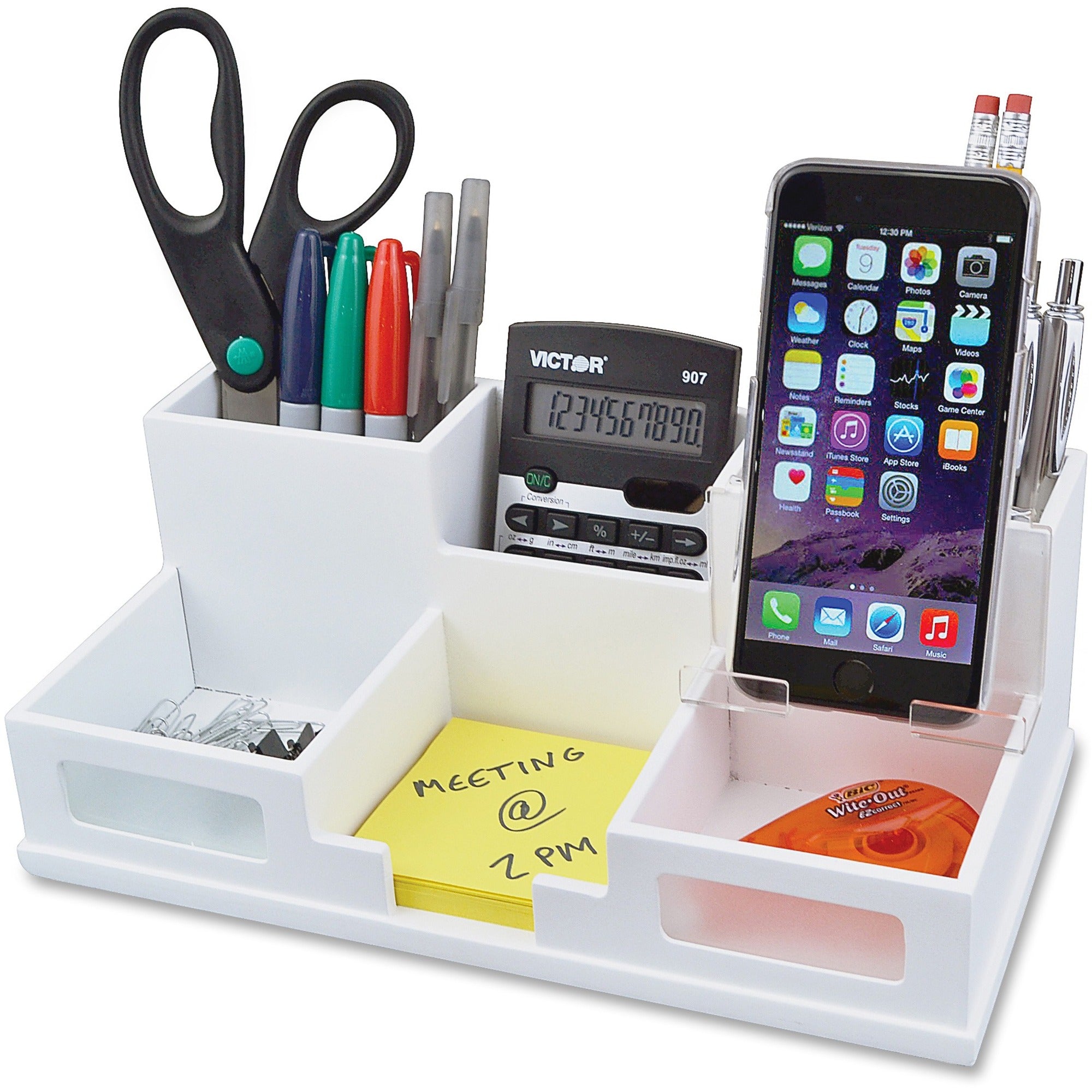 Victor W9525 Pure White Desk Organizer with Smart Phone Holder - 6 Compartment(s) - 4.0" Height x 5.5" Width x 10.4" Depth - White - Wood, Frosted Glass, Rubber - 1Each - 