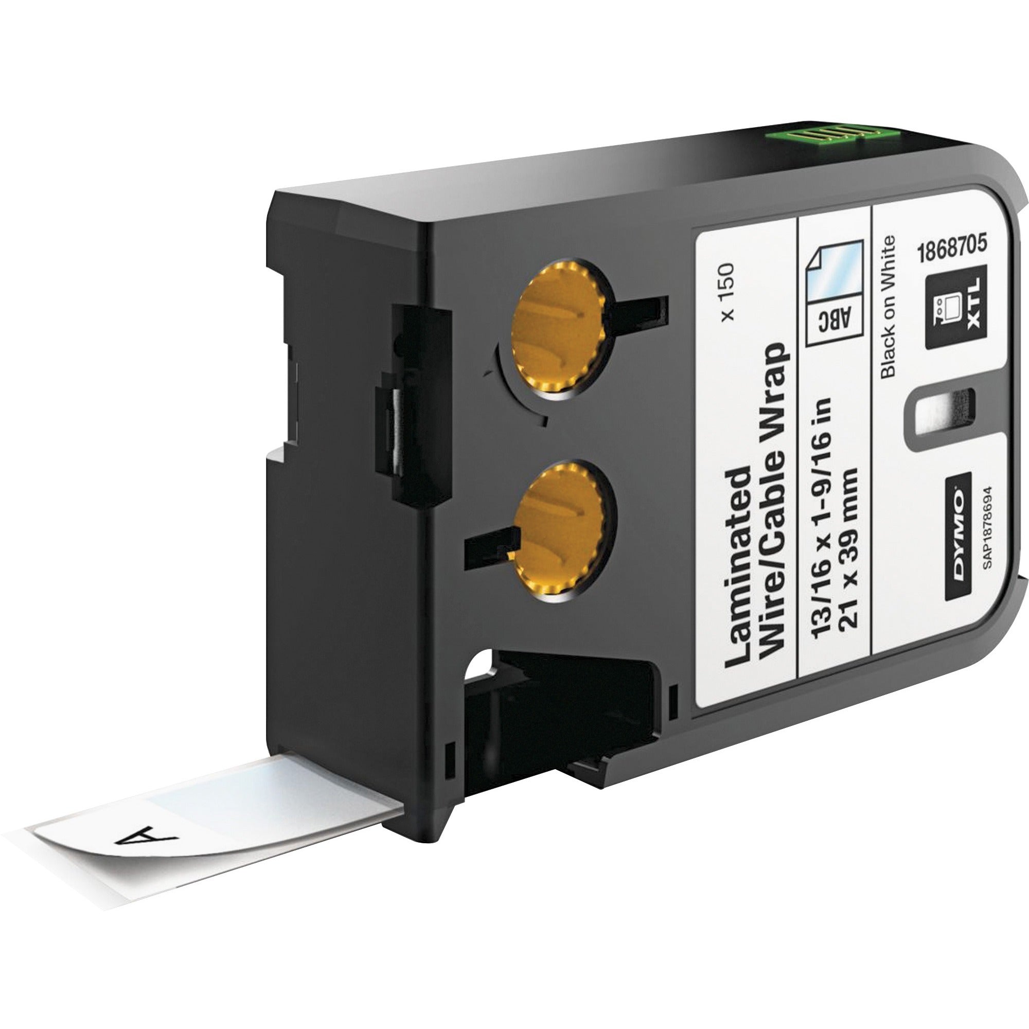 Dymo XTL Laminated Wire/Cable Wrap - 53/64" Width x 1 17/32" Length - Rectangle - Thermal Transfer - Black on White - Vinyl - 150 / Cartridge - 1 Each - Oil Resistant, Chemical Resistant, Abrasion Resistant, Fade Resistant, Easy Peel, Temperature Res