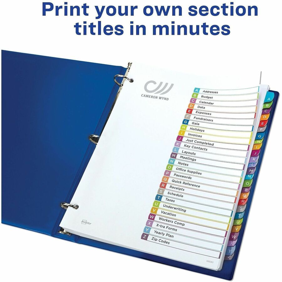 Customizable TOC Ready Index Multicolor Tab Dividers, 26-Tab, A to Z, 11 x 8.5, White, Contemporary Color Tabs, 1 Set