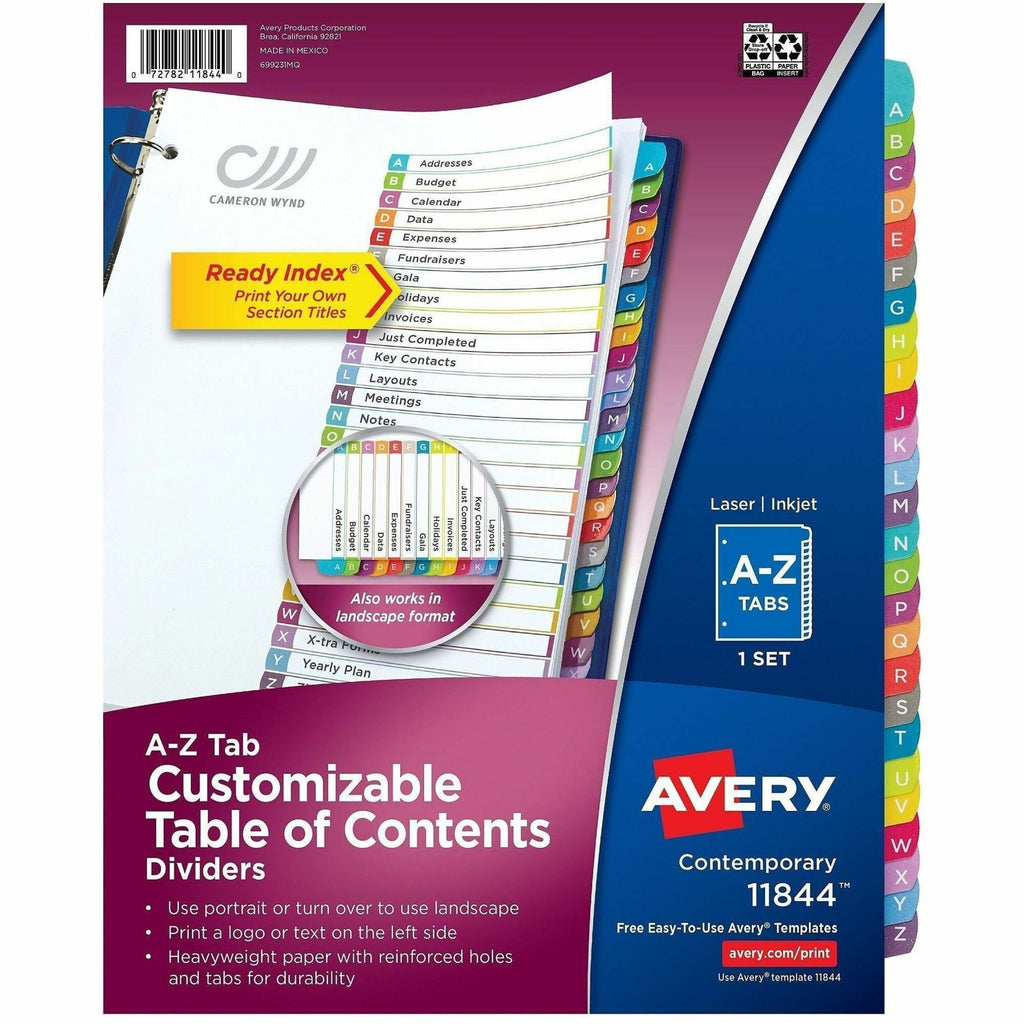 Customizable TOC Ready Index Multicolor Tab Dividers, 26-Tab, A to Z, 11 x 8.5, White, Contemporary Color Tabs, 1 Set